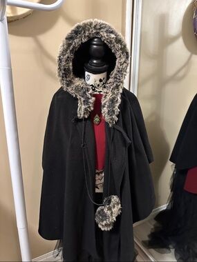 Jessica Black Cape Coat with Faux Fur Trim